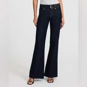 Mid Rise Dark Wash Double Waistband '70s Flare Jeans